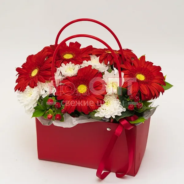 Композиция № 175 красная с герберами  — фото 1