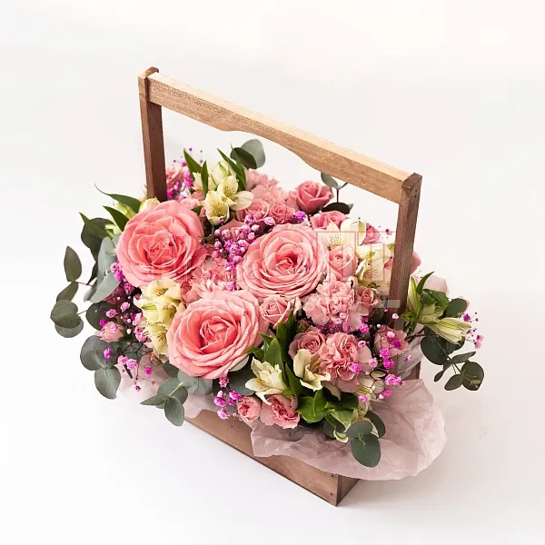 Композиция № 187 сборная в деревянном кашпо — фото 1