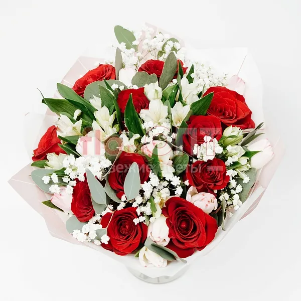 Букет № 294 с красными розами и тюльпанами  — фото 2