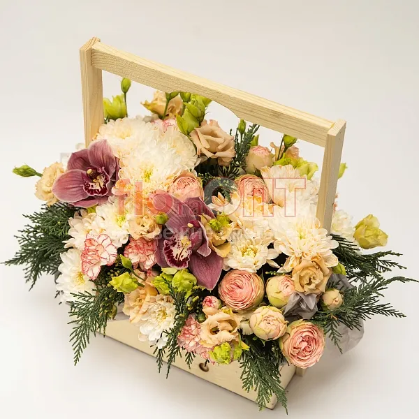 Композиция № 208 в ящике сборная с орхидеей  — фото 2