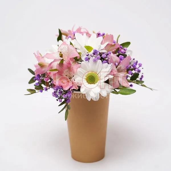 Цветочный стаканчик № 143 с розовой альстромерией  — фото 1